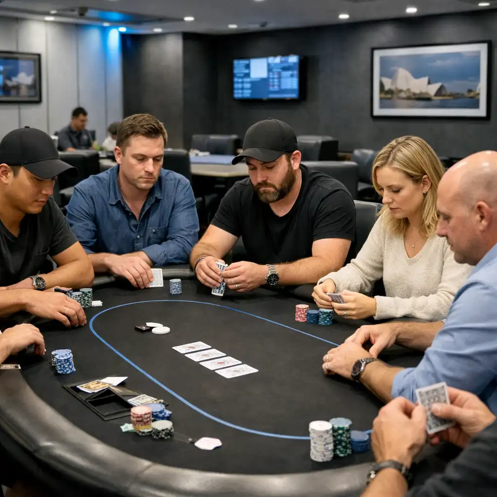 Adult players focused on cards and felt at a real poker table
