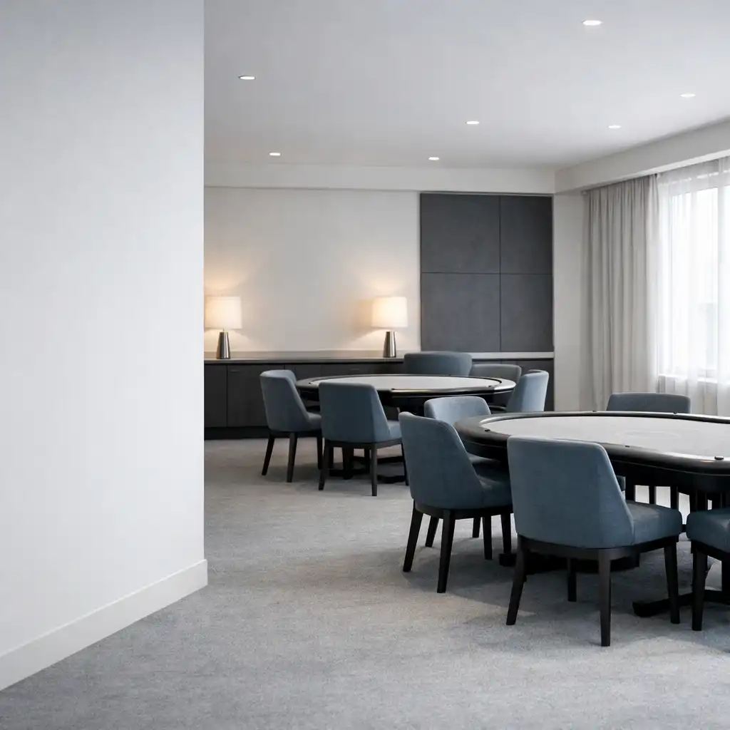 Quiet card lounge with clean card tables and tailored seating at Poker Pavilion Sydney