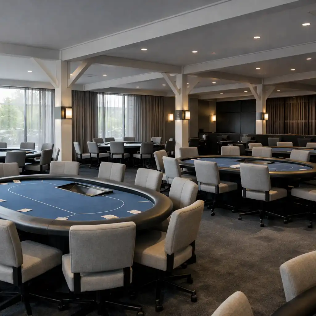 Dedicated poker room with real poker tables and neatly arranged chairs at Poker Pavilion Sydney