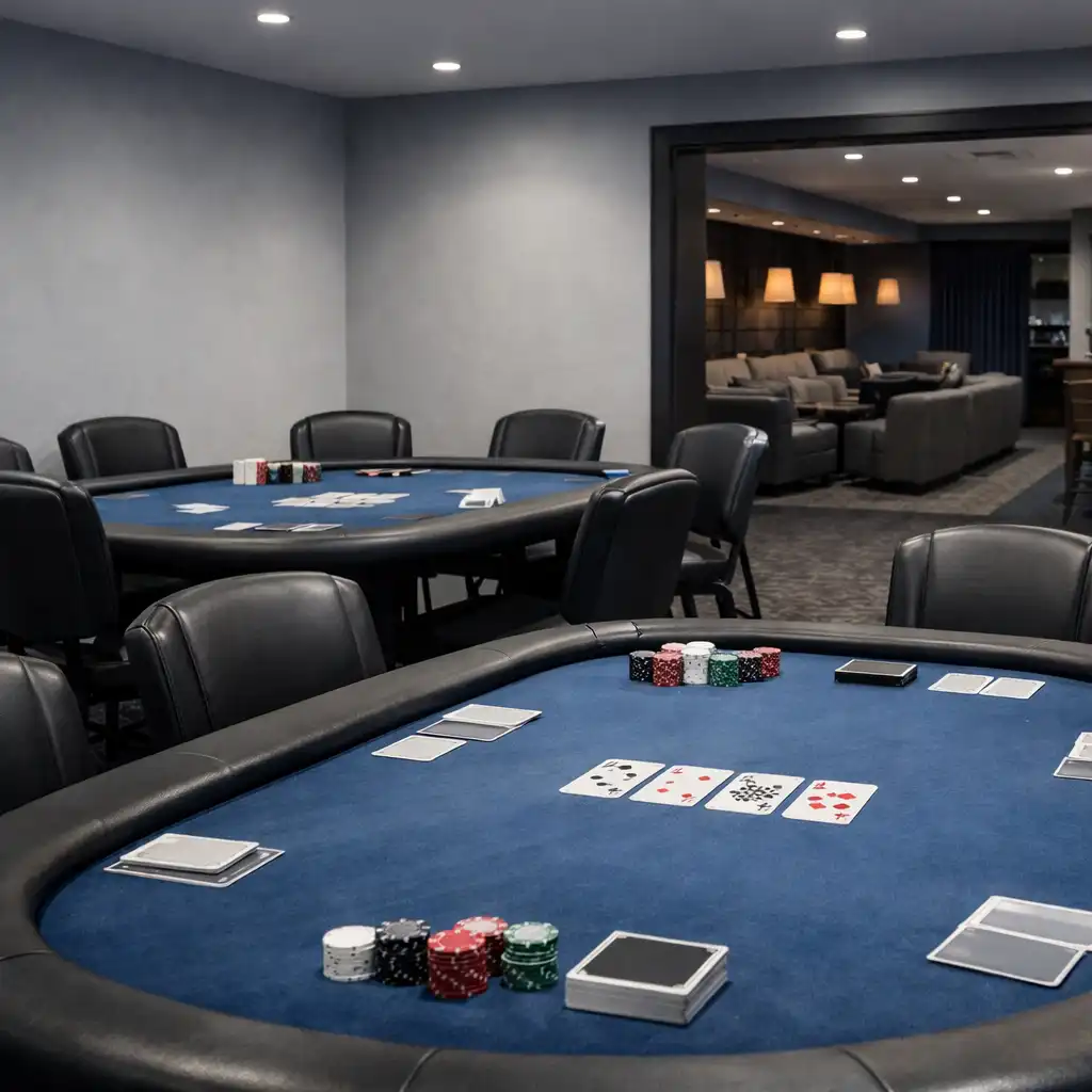 Dedicated poker room showing two professional poker tables and organised chairs
