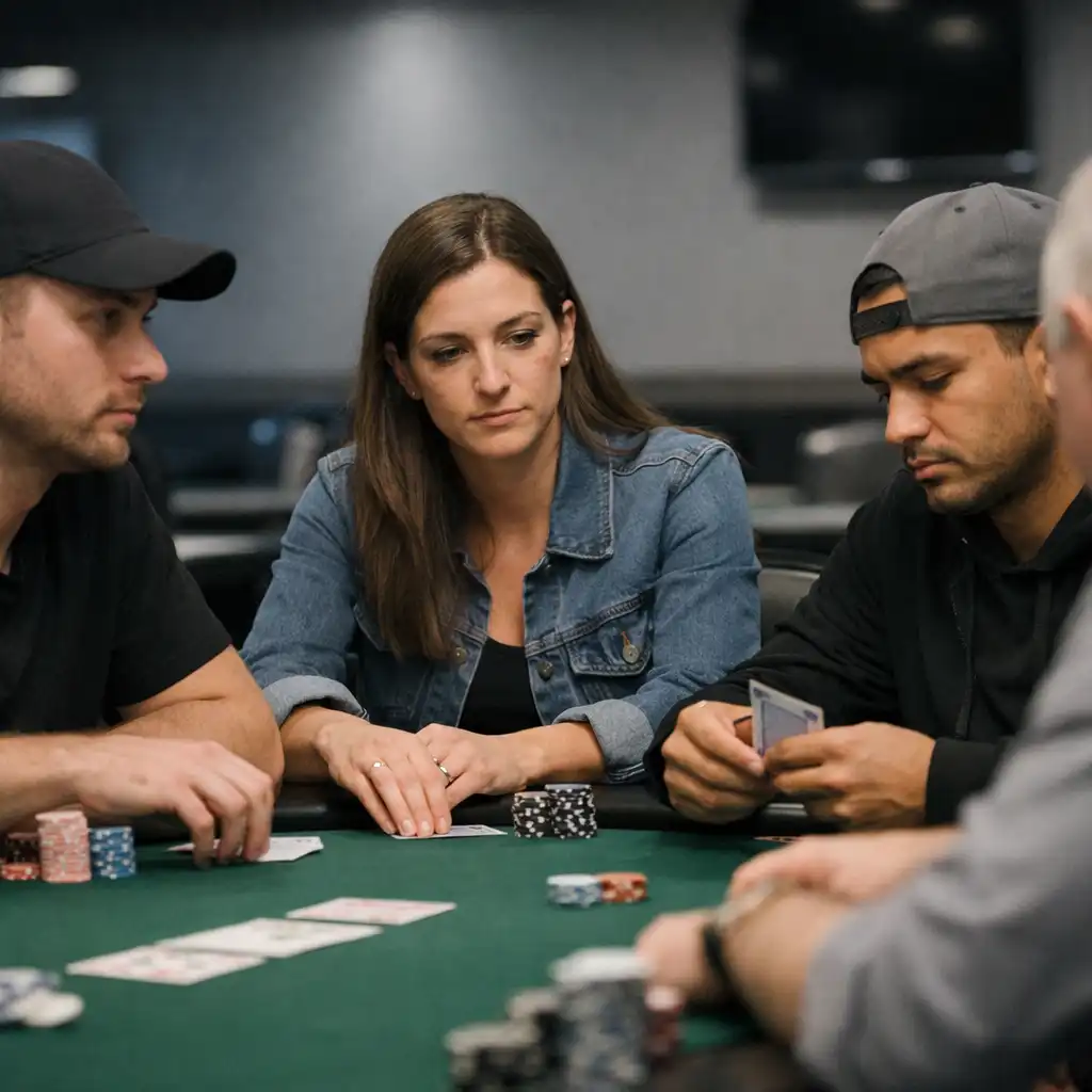 Adult players focused around a real poker table in the pavilion