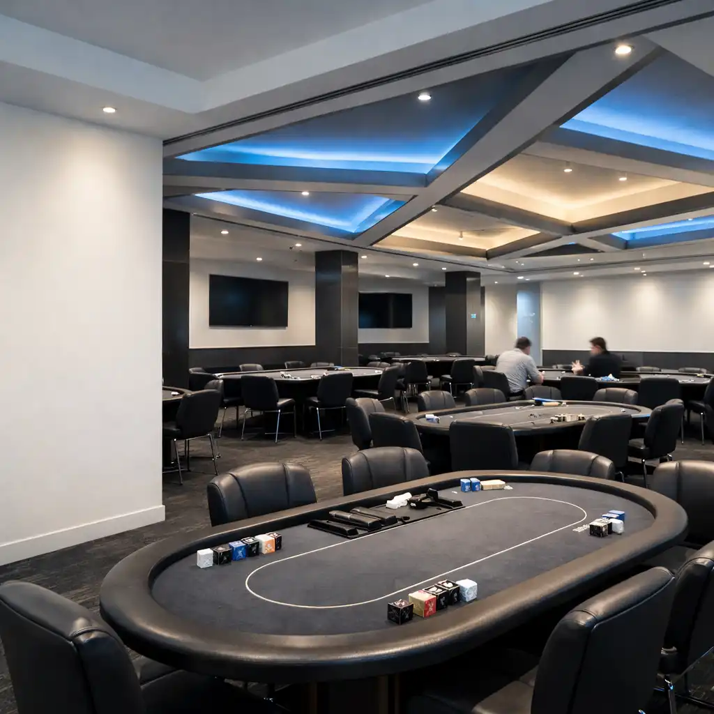 Dedicated poker room with real poker tables and prepared chairs at Poker Pavilion Sydney