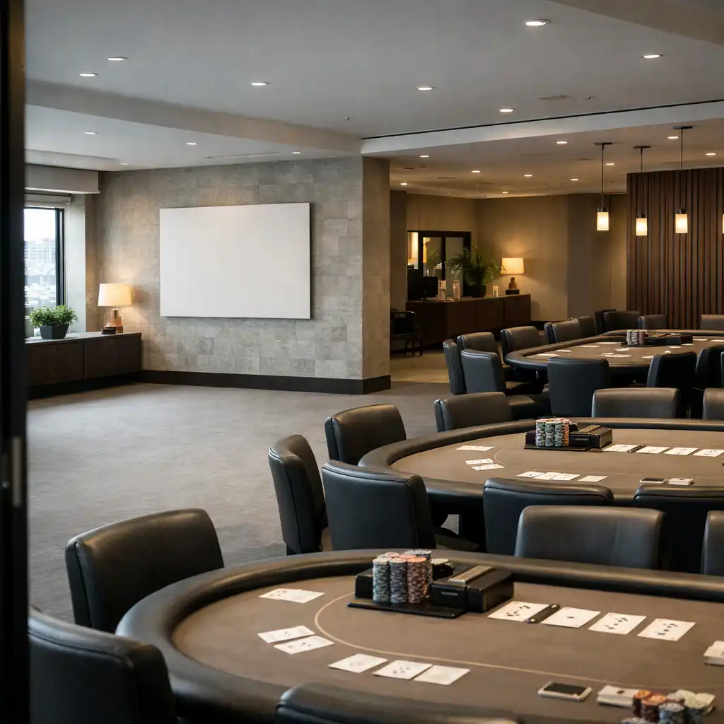 Professional poker room with real poker tables and ordered seating