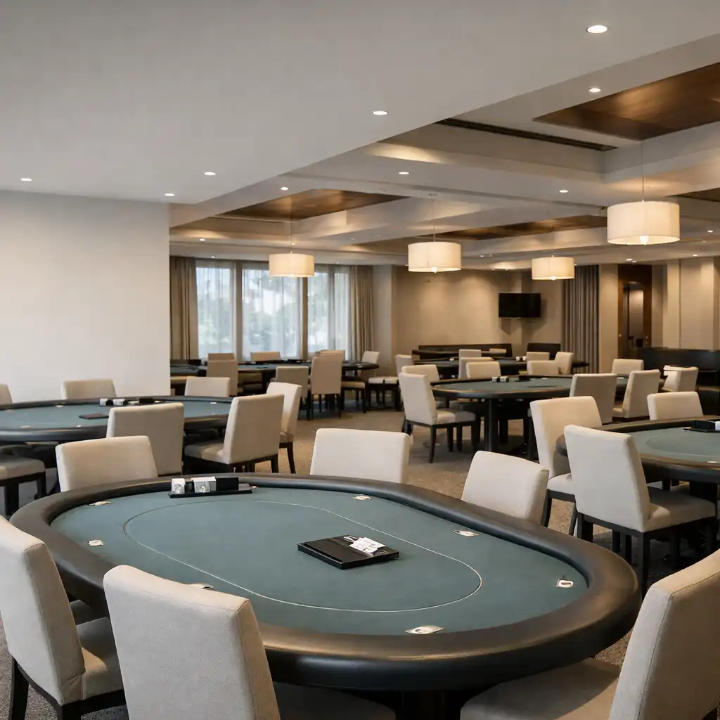 Wide view across real poker tables in the dedicated poker room at Poker Pavilion Sydney