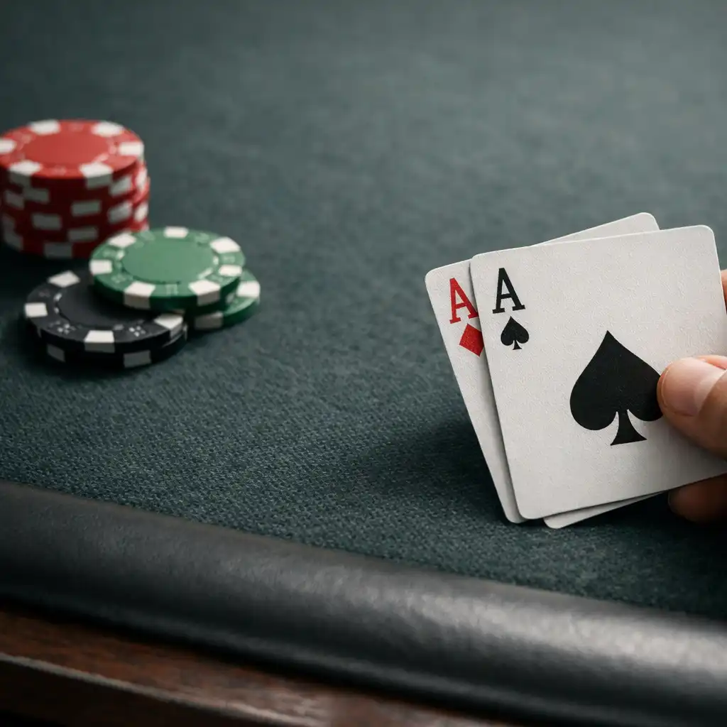 Real cards resting on textured felt at a professional poker table