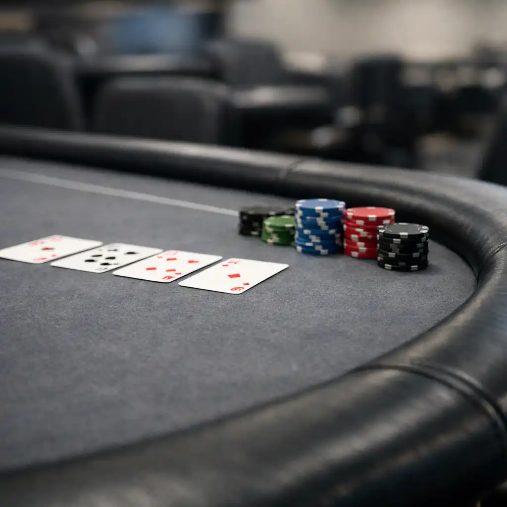 Close view of cards, felt, chips and a padded poker table rail