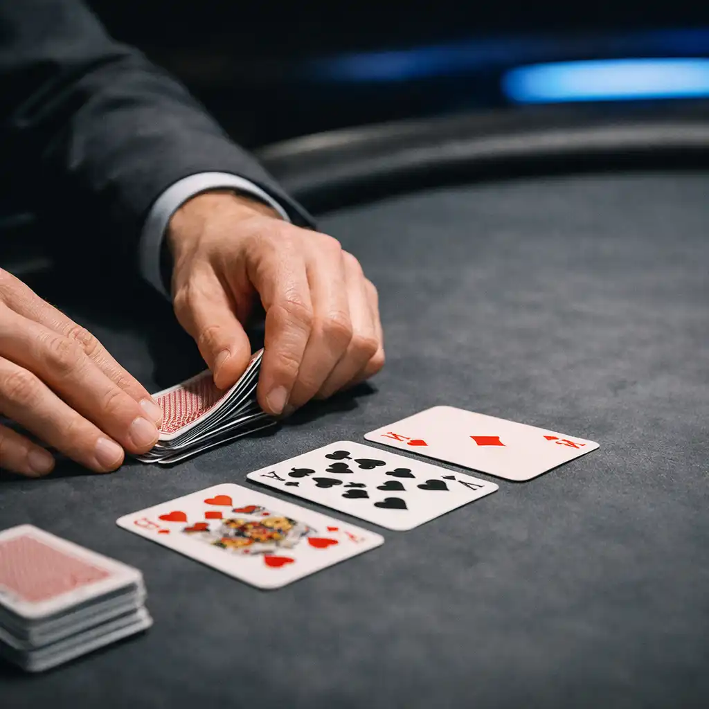 Hands arranging real playing cards on a clean felt poker table