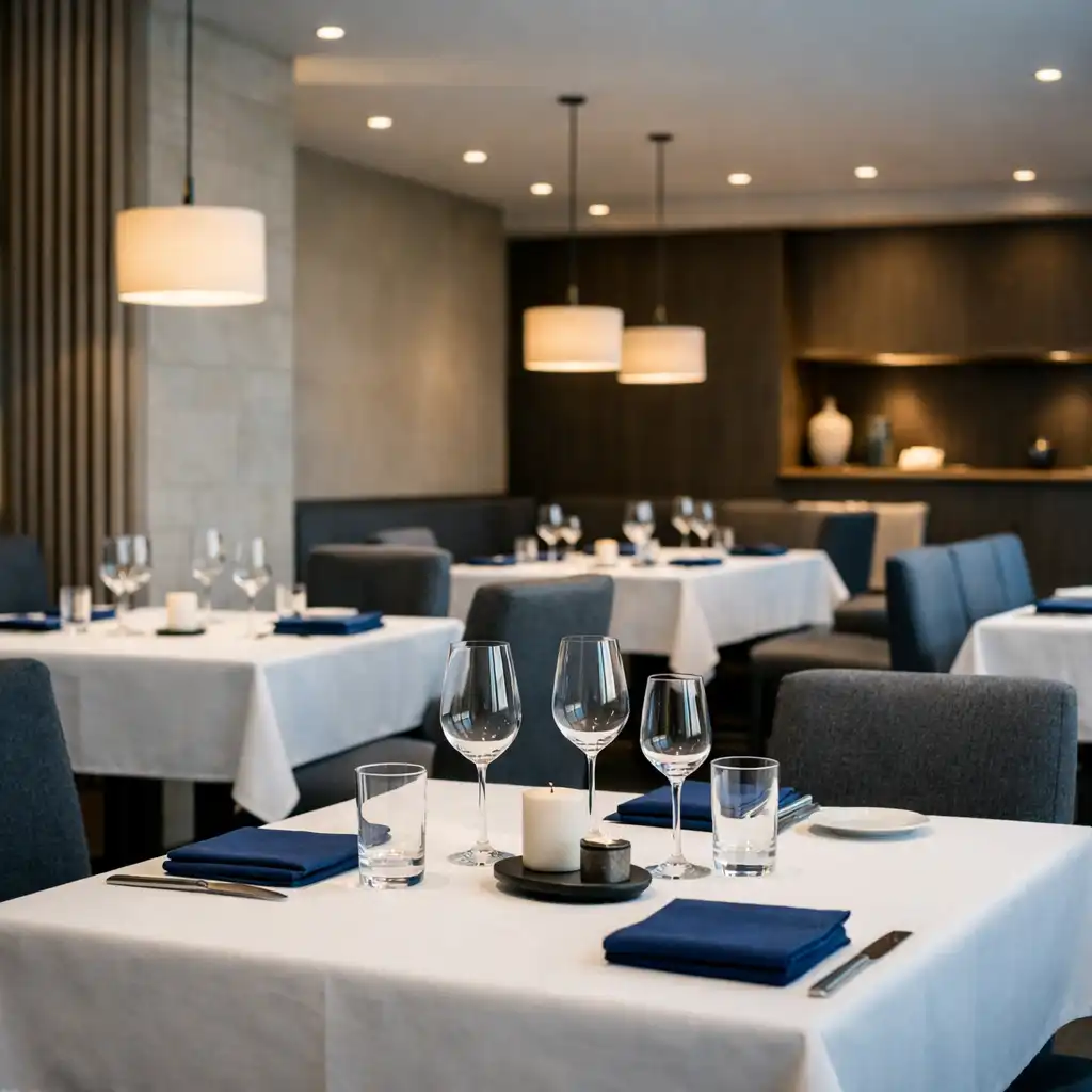 Refined restaurant interior with neatly set tables and calm architectural lines