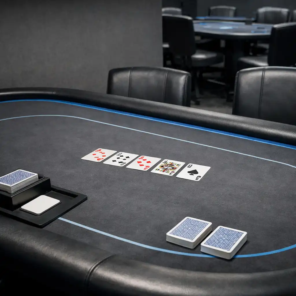 Prepared real poker table with cards, felt surface and seating context