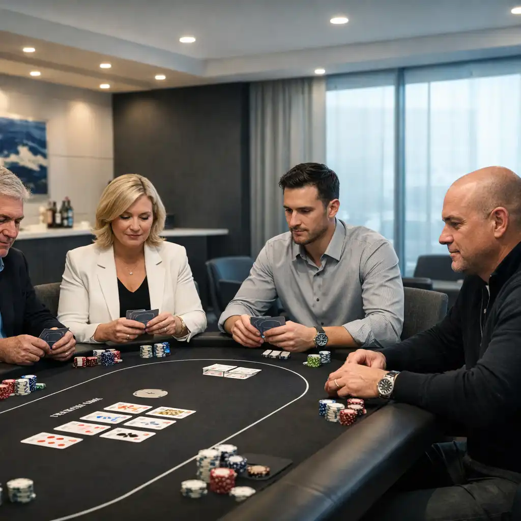 Adults seated around a real poker table during a refined private poker gathering