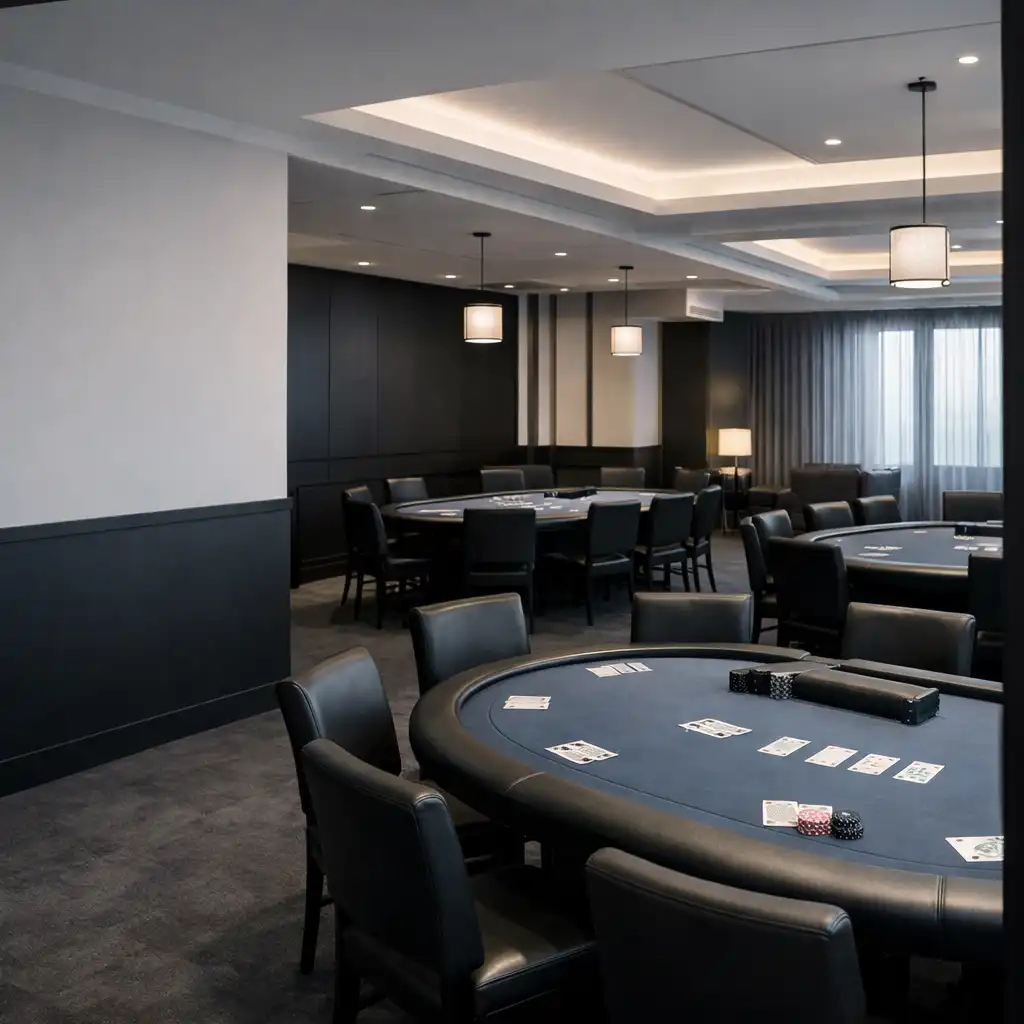 Dedicated poker room with real tables arranged for face-to-face play