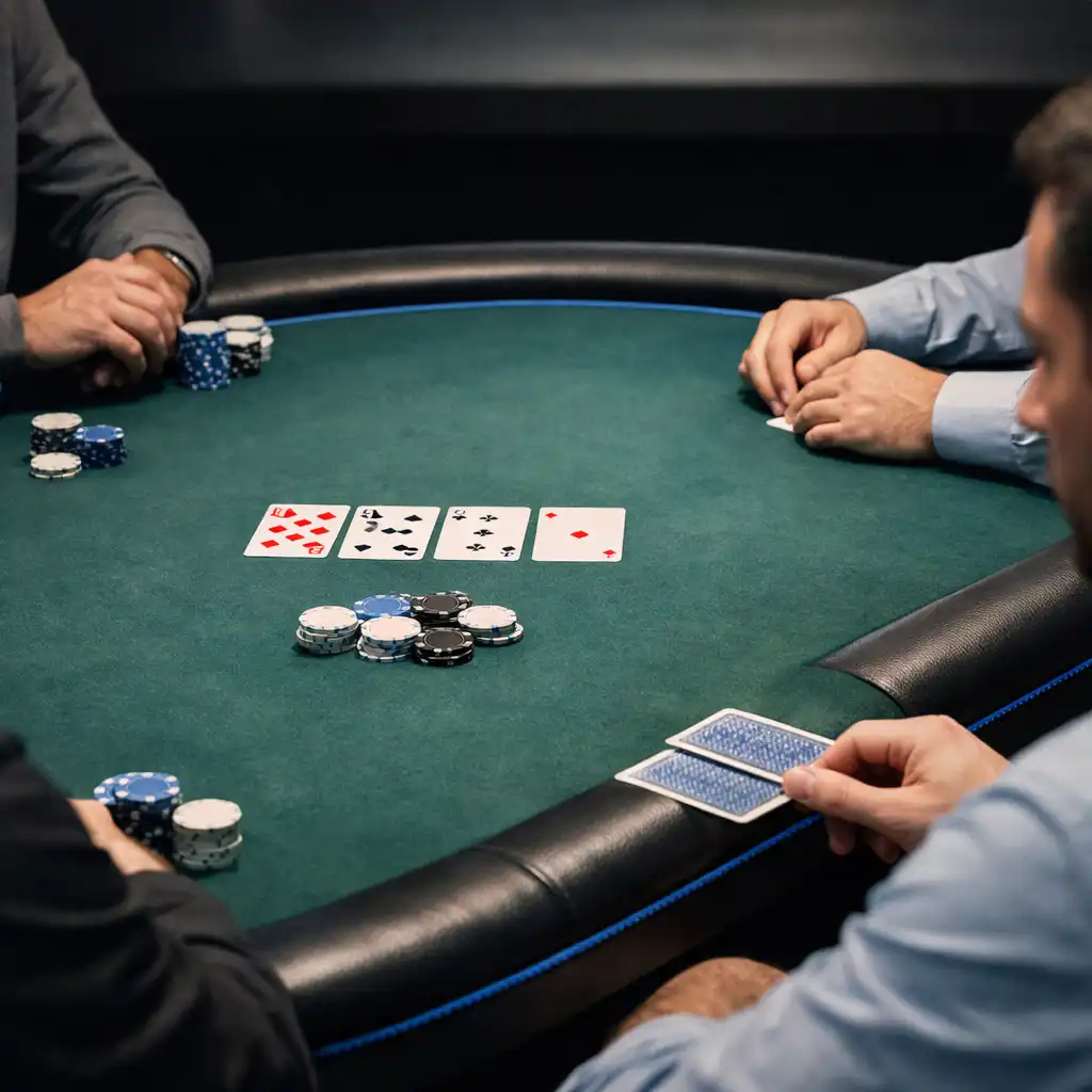 Physical cards and felt surface at a real poker table during face-to-face poker