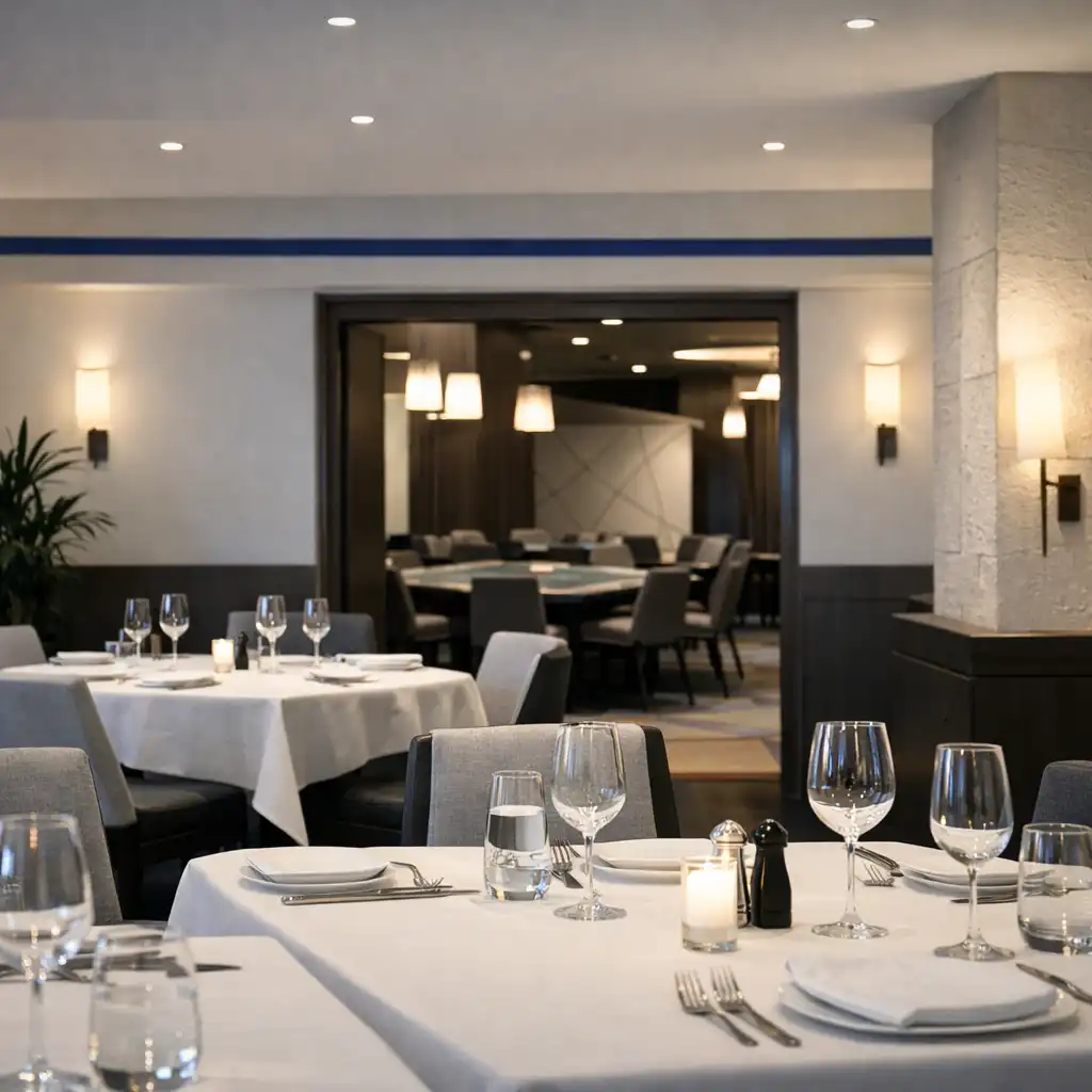 Refined dining tables and architectural depth in the restaurant setting at Poker Pavilion Sydney.