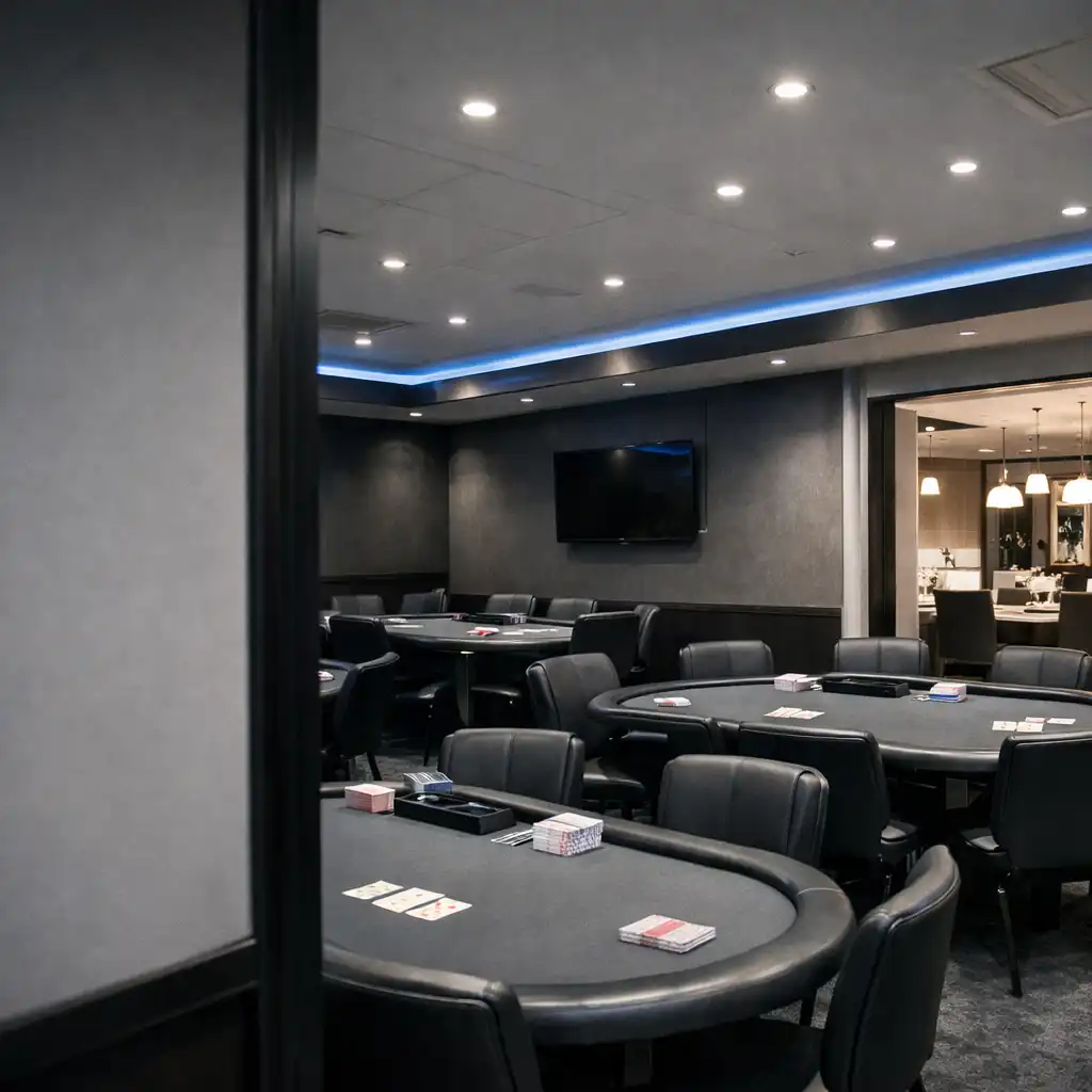 Dedicated poker room at Poker Pavilion Sydney with real poker tables and a restrained view toward an adjacent dining setting.
